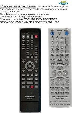 Controle Remoto Compatível DVD REC Toshiba DKR40 SE-R0265 10 FBT1686