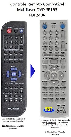 Controle Remoto Compatível - Multilaser Dvd Sp193 FBT2406