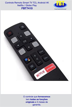 Controle Remoto Compatível Smart TV TCL Android 4K Netflix & globoplay FBT7410