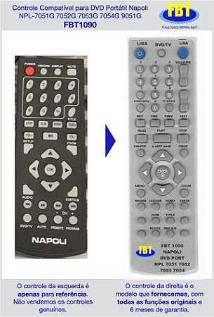 Controle Compatível para DVD Portátil Napoli NPL-7051G 7052G 7053G 7054G 9051G FBT1090