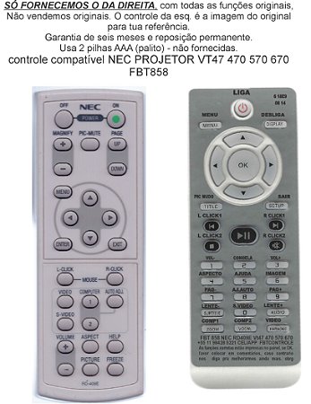 Controle Compatível PROJ NEC Rd 409 427 410 423 FBT858