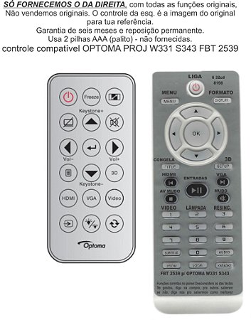 Controle Compatível para Projetor Optoma W331 S343 Hd28hdr FBT2539