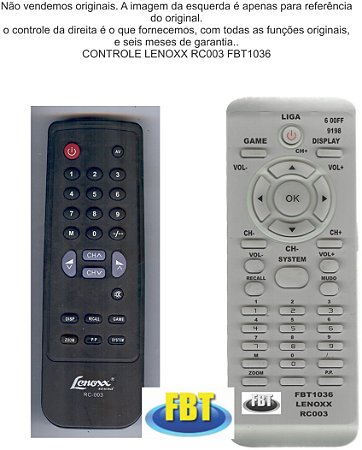 Controle Remoto Compatível - Lenoxx RC003 FBT1036