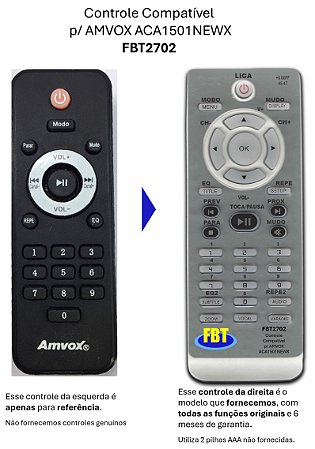 Controle Compatível AMVOX ACA 1501 NEW X CAIXA AMP FBT2702
