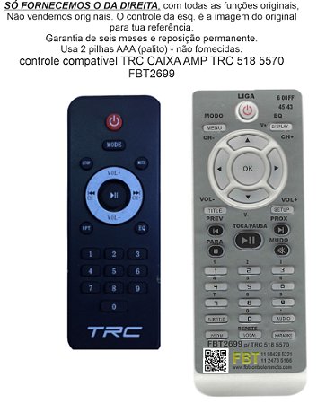 Controle Compatível TRC CX AMP TRC 518 5570 FBT2699