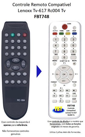 Controle Compatível TV LCD Lenoxx RC004 FBT748