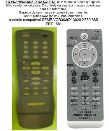 Controle Compativel Semp Vcr Vcr3030 3020 X685 689 FBT1581