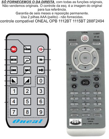 Controle Compatível ONEAL OPB 1112BT 1115BT FBT2494