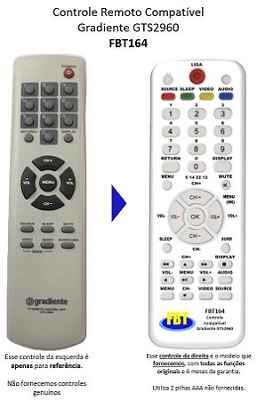 Controle Remoto Para Tv Gradiente Ts2960 Fbt164