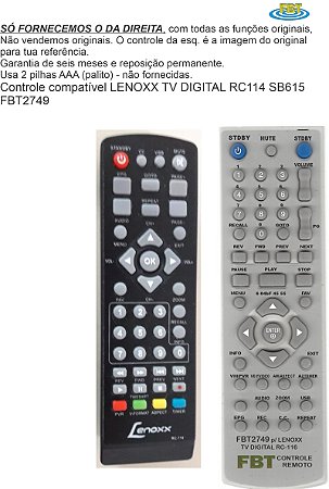 Controle Compatível LENOXX TV DIGITAL RC114 SB615 FBT2749