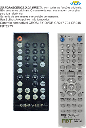 Controle Compatível Com CROSLEY CR247 704 CR245 FBT2773