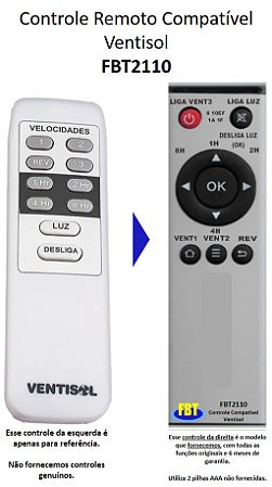 Controle Remoto Compatível Com VENTISOL FBT2110