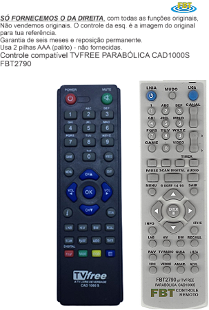 Controle Compatível Com TVFREE PARABÓLICA CAD1000S FBT2790