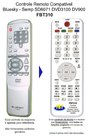 Controle Compatível Semp Dvd3100 Sd6071 FBT310