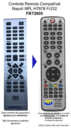 Controle Compatível Com NAPOLI DVD H 7878 FR 232 FBT2805