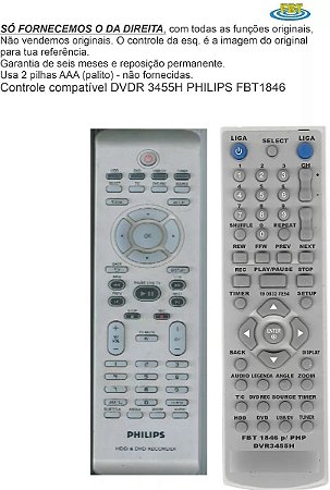 Controle Compatível Com Philips Dvr 3455h 10 FBT1846