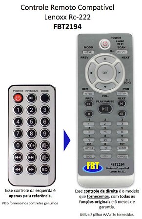 Controle Compatível Com LENOXX CAIXA DE SOM RC-222 FBT2194