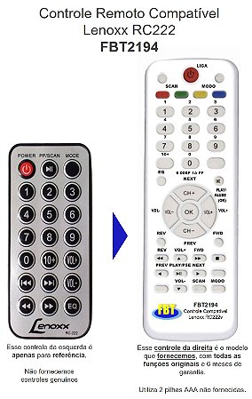 Controle Compatível Com LENOXX CAIXA DE SOM RC-222 FBT2194