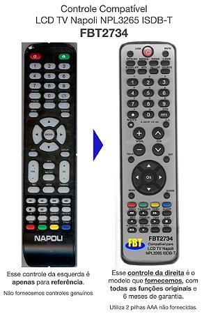 Controle Compatível  LCD TV Napoli NPL3265 ISDB-T FBT2734