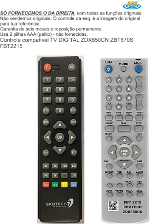 Controle Compatível Com TV DIGITAL ZDX650CN ZBT670S FBT2215