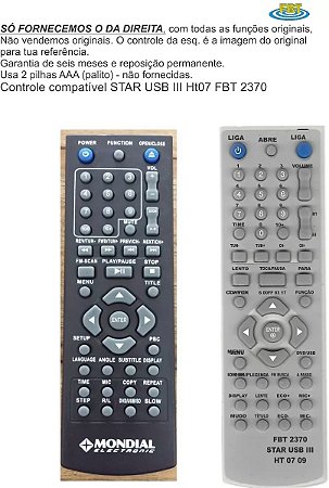 Controle Compatível Com  MONDIAL STAR USB III HT07 FBT2370