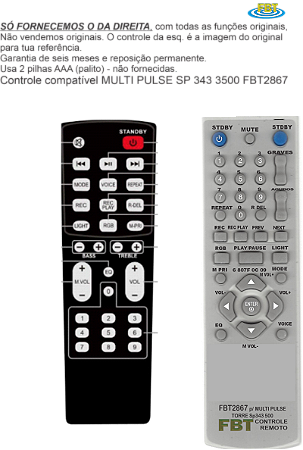 Controle Compativel Com MULTI PULSE SP 343 500 FBT2867