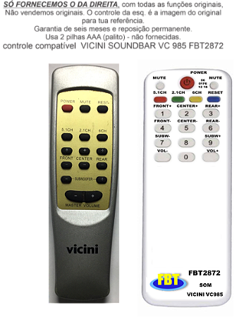 Controle Compatível Com VICINI SOUNDBAR VC 985 FBT2872
