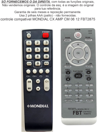Controle Compatível Com MONDIAL CS AMP CM 06 12 FBT2875