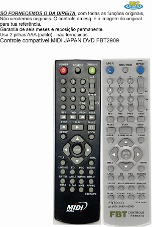 Controle Remoto Compatível MIDI JAPAN DVD FBT2909