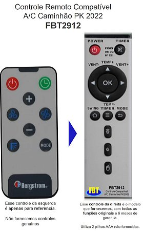 Controle Remoto Compatível A/C Caminhão PK2022 - FBT2912