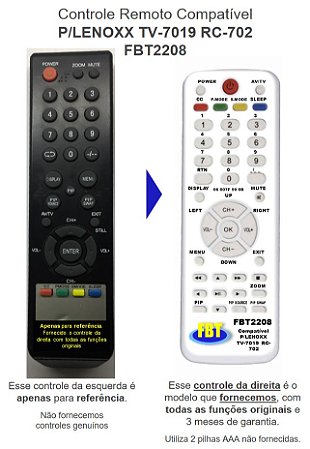 Controle Remoto Compatível TV Lenoxx TV-7019 RC-702 FBT2208