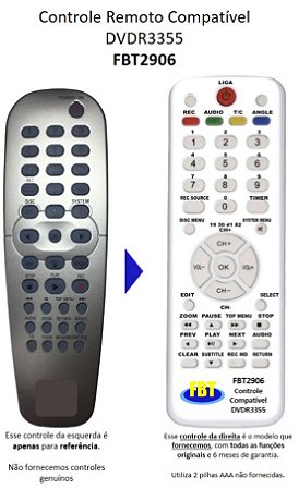 Controle Compatível Com DVD RW PHILIPS DVD GRAVADOR DVDR3355 FBT2906
