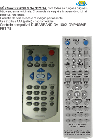 Controle Compatível Com Dvd Durabrand Dv1002 Rc403n FBT78