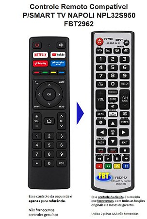 Controle Compatível Com SMART TV NAPOLI NPL32S950 FBT2962