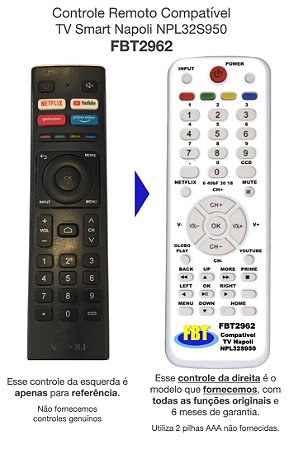 Controle Compatível Com SMART TV NAPOLI NPL32S950 FBT2962