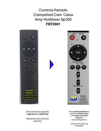 Controle Remoto Compatível Com CAIXA AMP MULTILASER SOUNDBAR SP300 FBT2961
