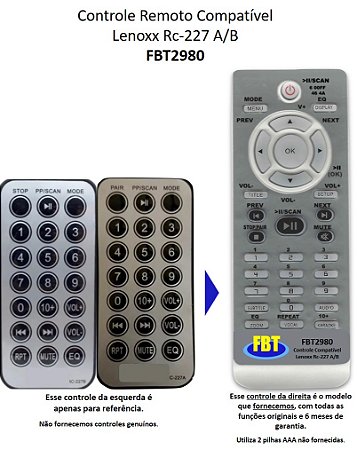 Controle Remoto Compatível LENOXX CAIXA AMPLIFICADA CA318 CA3600 RC227B FBT2980