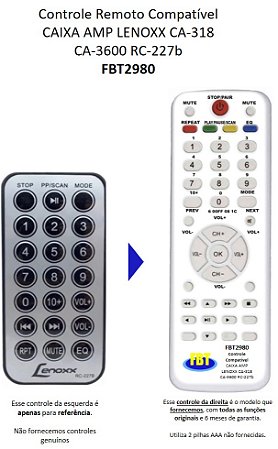 Controle Remoto Compatível LENOXX CAIXA AMPLIFICADA CA318 CA3600 RC227B FBT2980
