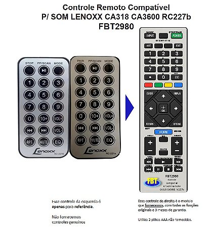 Controle Remoto Compatível LENOXX CAIXA AMPLIFICADA CA318 CA3600 RC227B FBT2980