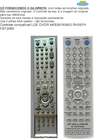 Controle Compatível Com LG DVDR AKB36160903 RH397H FBT2060