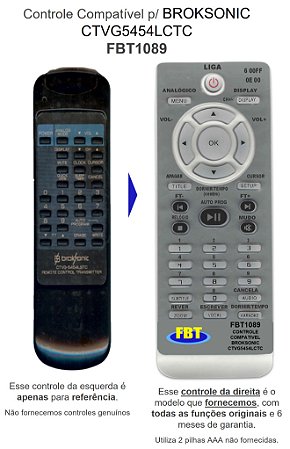 Controle Remoto Compatível p/ BROKSONIC CTVG5454LCTC FBT1089