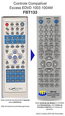 Controle Remoto Compatível P/ Excess EDVD 1003 1004M FBT133