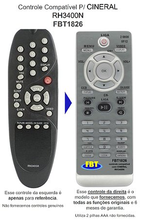 Controle Compatível P/ Cineral Rh3400n Fbt1826