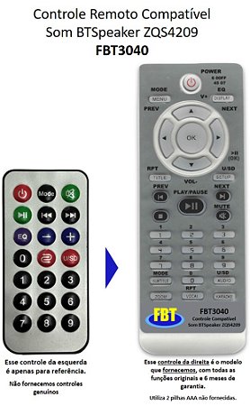 Controle Remoto Compatível BTSPEAKER ZQS4209 Cx Som FBT3040