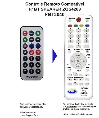 Controle Remoto Compatível BTSPEAKER ZQS4209 Cx Som FBT3040