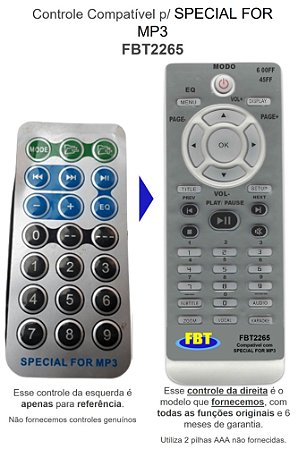 Controle Compatível P/ SPECIAL FOR MP3 FBT2265