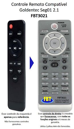 Controle Remoto Compatível GOLDENTEC SBG01 FBT3021