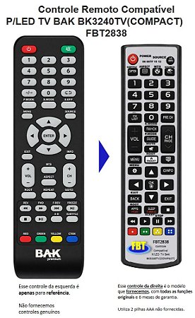 Controle Remoto Compatível p/ Bak LedTv BK3240TV FBT2838