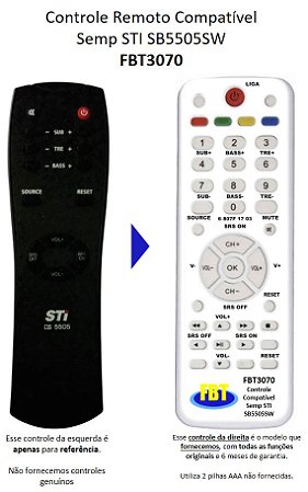 Controle Remoto Compatível p/ STI SRNDSOUND SB5505SW FBT3070