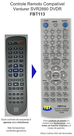 Controle Remoto Compatível p/ Venturer SVR2880 DVDR FB113